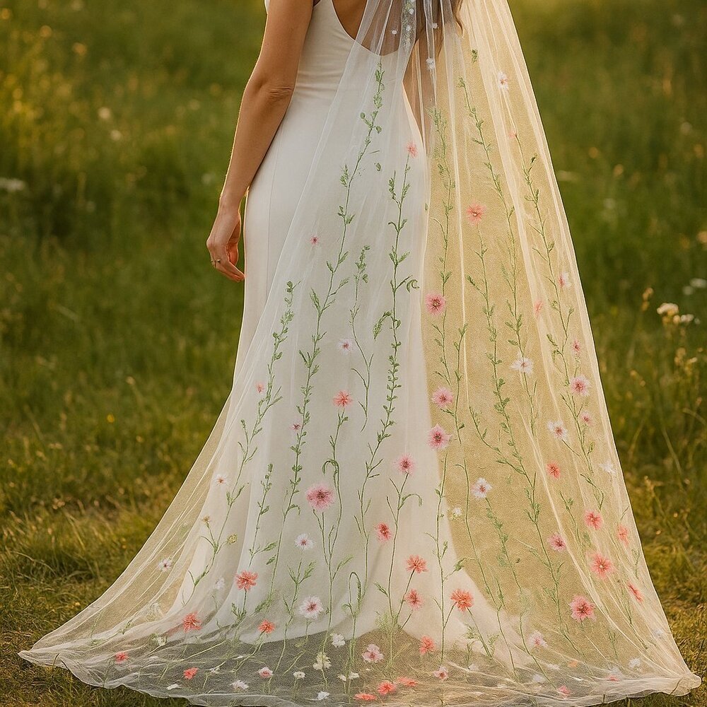 Floral embroidery wedding veil fairy garden outdoor cathedral length